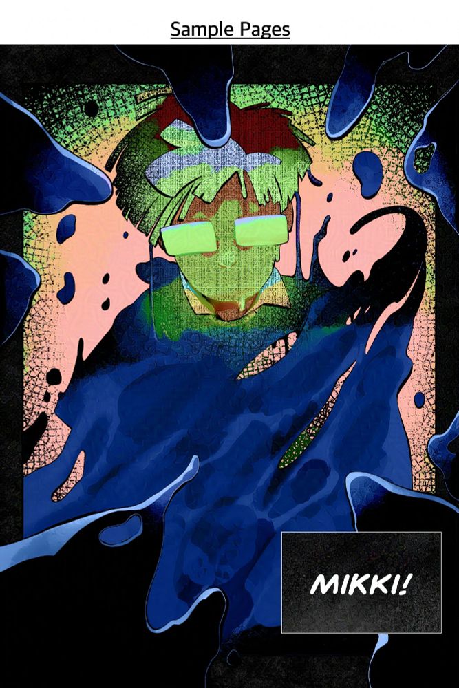A sample page of Wren Rios' Graphic Novel. The page shows a man who appears to be partially made of water. His face illuminated in a eerie green light. Some water coming in off screen to imply it's engulfing the POV. The next panel of audio coming in from off screen, Yelling "Mikki!" the main character's name.