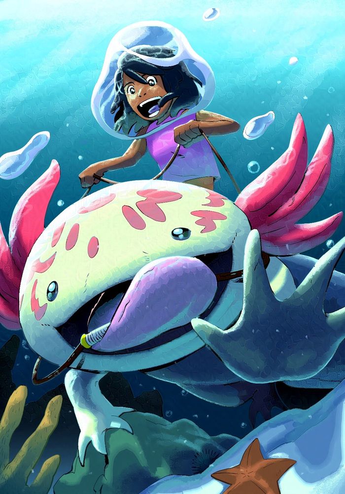 An art piece by Wren Rios, Featuring an underwater scene, a young excited girl with a bubble wrapped around her head, she is riding atop a creature similar to an axolotl, holding it's reigns while the axolotl is swimming forward. one of it's arms outstretched toward the POV.