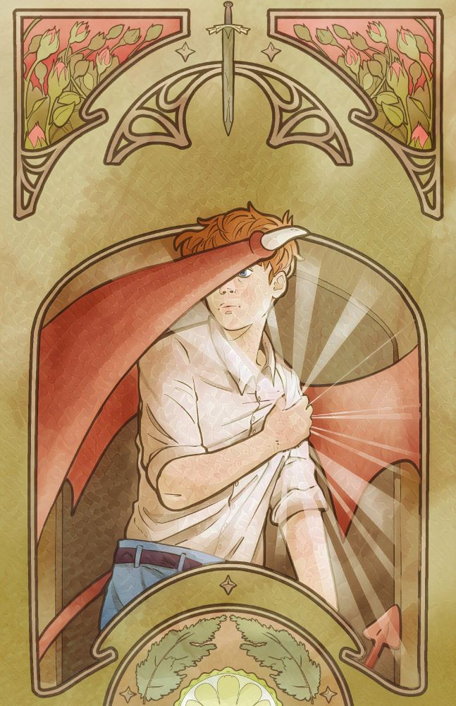 A mock cover of Carry On by Rainbow Rowell. Inspired by Alphonse Mucha's popular works, features the main character Simon, gripping his heart which appears to be radiating. Other framed portions of the screen feature rose buds, a sword, and cedar and bergamot.