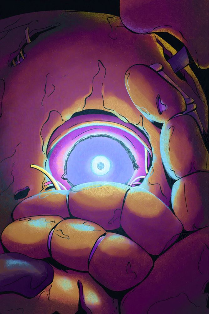 an illustrated artwork by Wren Rios which displays a closeup of Springtrap's face. His hand is covering a portion of his face with mechanical parts and wires visible. His eye is wide open and glowing, illuminating the visible portion of his face.