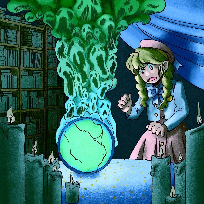 In a dimly lit room: a girl is startled standing near a crystal ball and candles on a table. The crystal ball appears to be breaking and lighting up it's surroundings. A plume of a smoke like form is emerging from the crystal ball. You can make out distorted and pained faces in the smoke. 