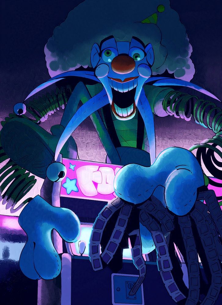 An Illustration by Wren Rios of Coil, one of the animatronics featured in the Five Nights At Freddy's franchise's comics. He is in a dimly lit, neon game room. Crouched atop a game cabinet and grabbing tickets as they are fed out from the machine.