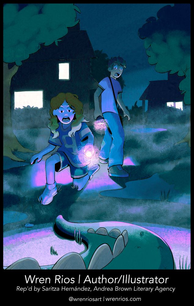 An illustrated piece by Wren Rios, It's a forested suburb looking area at night, the windows of some of the houses are illuminated. Two people are center frame, one with longer red hair and with sporty fashion on pointing a flashlight toward the POV. The other with shorter hair and a normal blue shirt and jeans, who's flashlight is pointed down at the ground. The foreground has a large lizard like tail trailing off into the bottom of the image. 