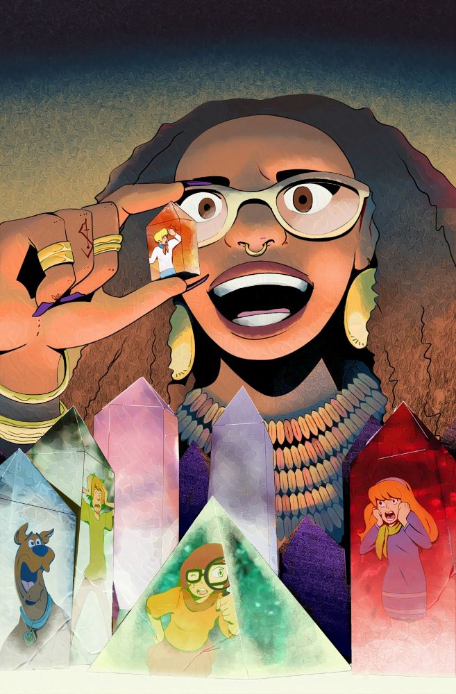 The scooby gang trapped in crystal towers of varying sizes and colors. A woman is holding a crystal containing Freddy. 