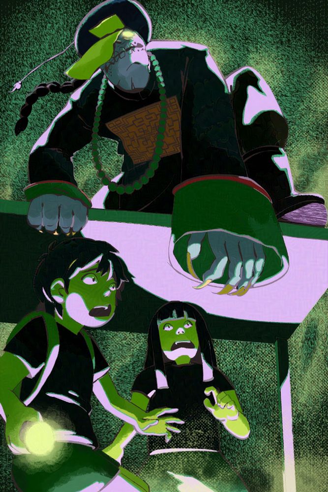 A jiangshi doing a dramatic squat on top of a table in a dark room. One of his eyes are glowing and one of his arms are dangling down off the edge of the table. This hand is alerting the 2 children below, who are hiding and illuminated by the flashlight that one of them is holding. 