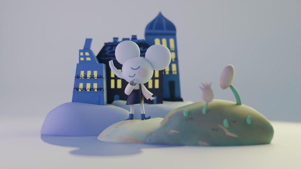 a 3D illustration of a cute elephant wearing a dress, standing in front of a few buildings