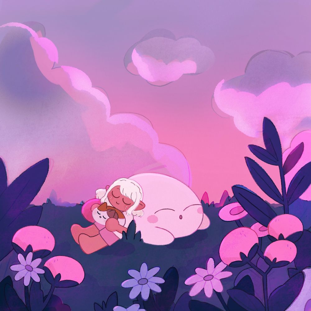 an illustration of a character sleeping next to kirby, in the grass among flowers. he's holding a cat plushie in his hands