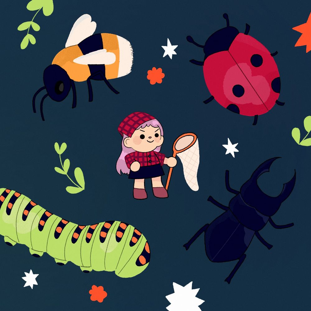 an illustration of a small character surrounded by big bugs