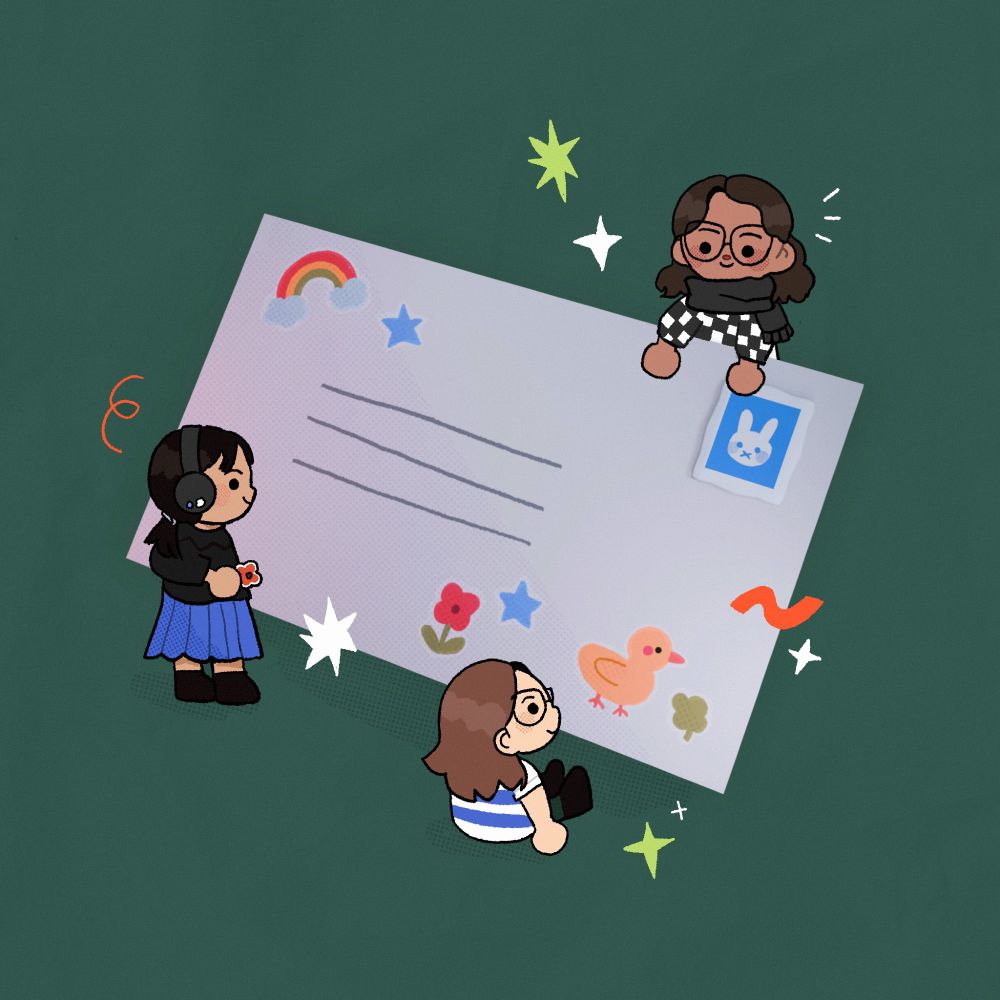 une illustration de trois petits personnages rassemblés autour d'une grande enveloppe, en train de la décorer avec des stickers