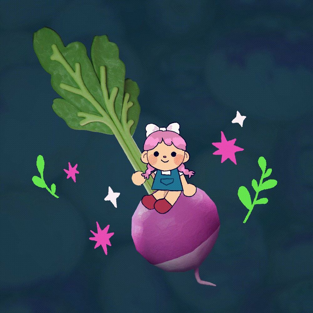illustration of a small 2d character sitting on a 3d turnip
