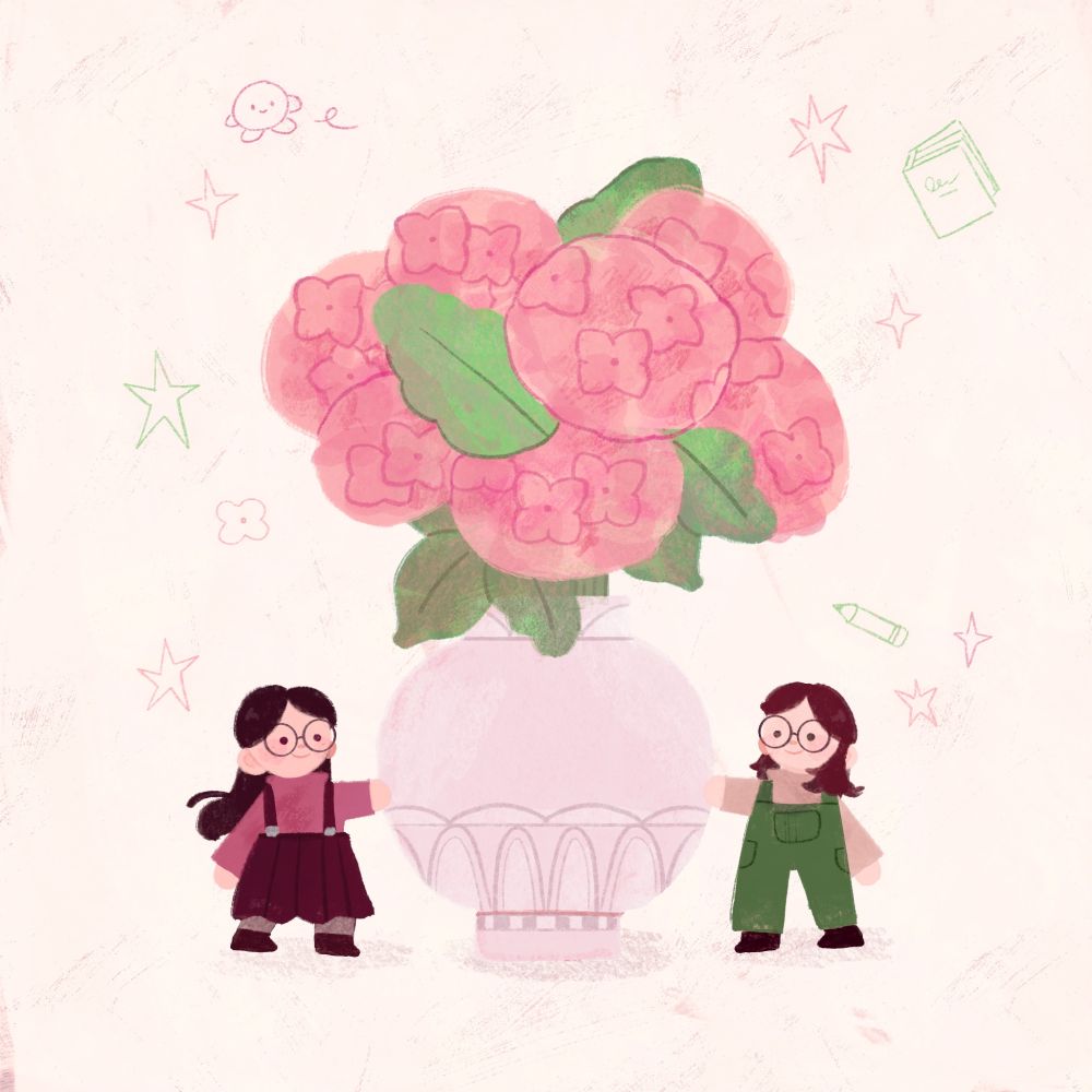 a drawing of a bouquet of pink flowers with two small characters on each side