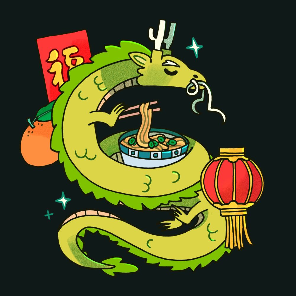 an illustration of a dragon eating noodles for the year of the dragon