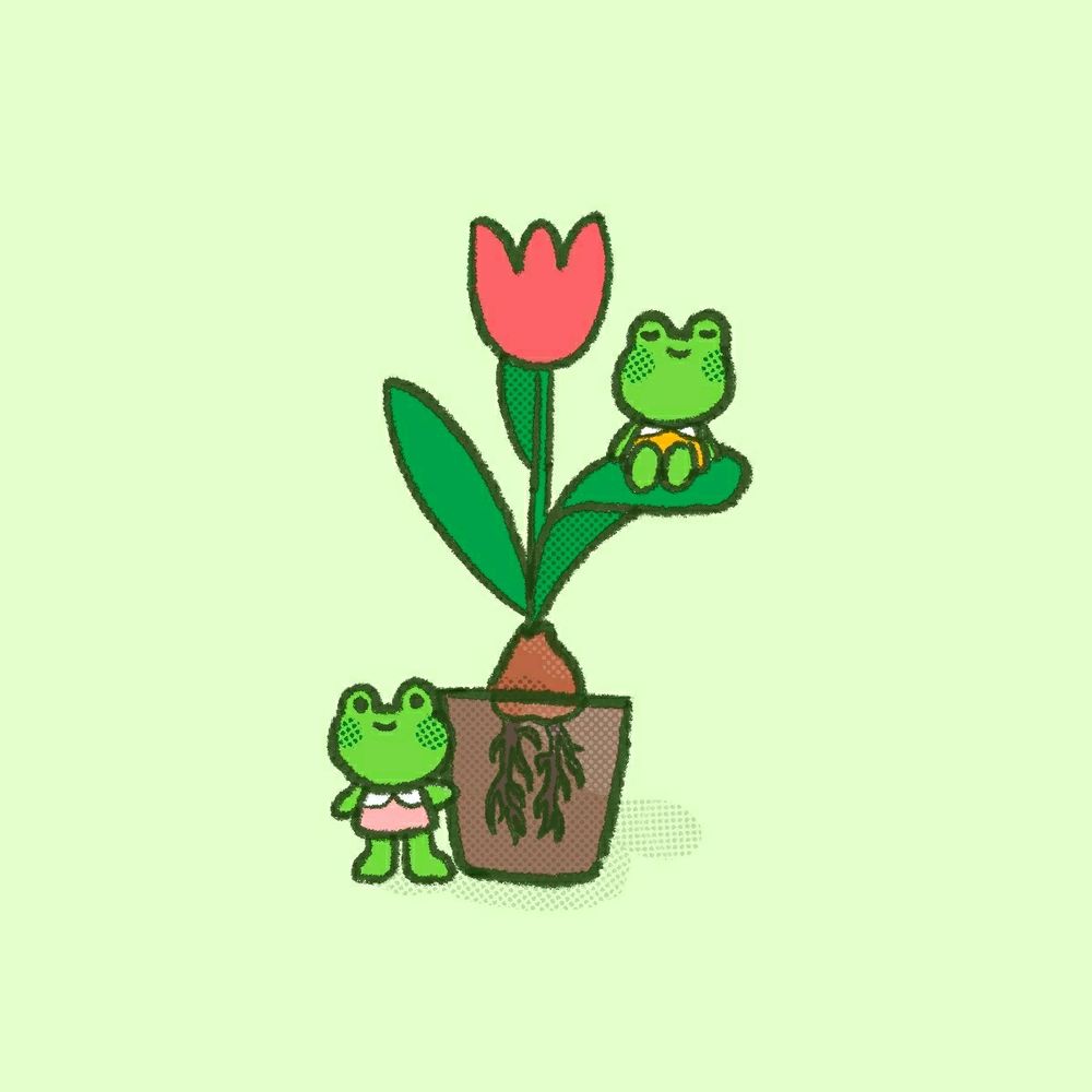a drawing of two frogs around a tulip