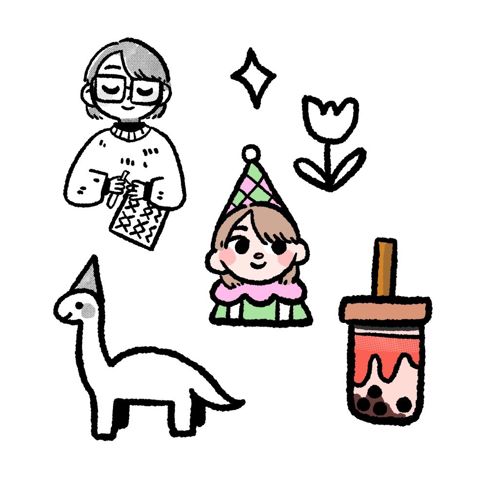 a few doodles: a clown, a dinosaur, a bubble tea…