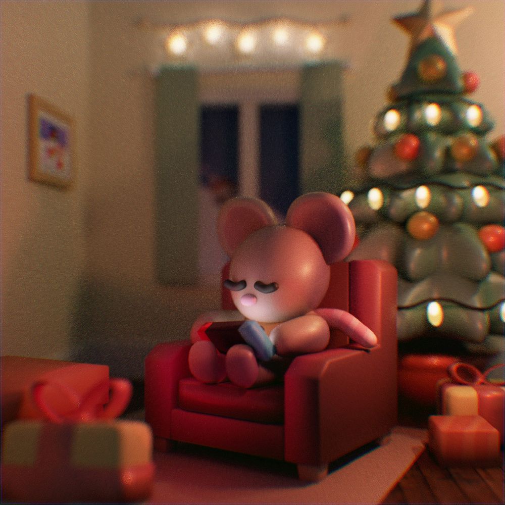 a 3D illustration of a mouse playing the switch under a christmas tree