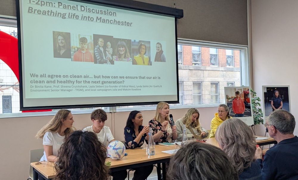 panel discussion at the Asthma & Lung UK #OurManchesterOurAir event featuring Sheena Cruickshank on how to ensure air in Greater Manchester is clean and healthy for the next generation - including the importance of focused community research