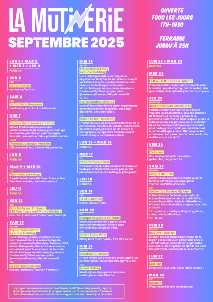 PROGRAMME SEPTEMBRE 2025 de la Mutinerie
à retrouver en intégralité ici :
https://www.lamutinerie.eu/programme