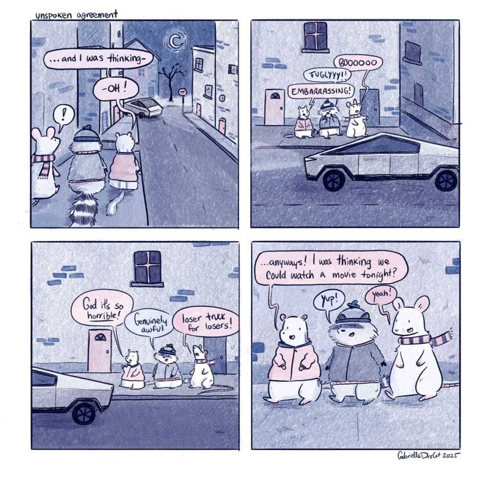 Four panel cartoon. Three friends are walking and chatting when they see a cybertruck. They all start booing and jeering. When the truck passes, they continue to walk as though nothing happened