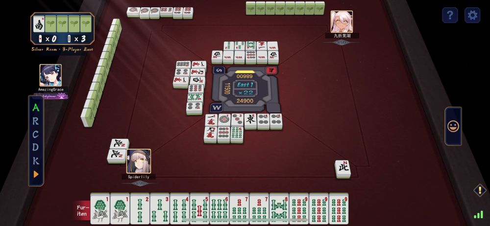 A mahjong game table where the visible hand is in tenpai for an impure Nine Gates… but also in furiten because of a discarded extra 6 next to the existing 7-7 pair.