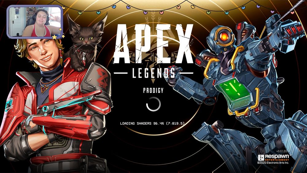 A screenshot of the Apex Legends pre-menu that shows the game loading shaders. In the top left corner is Jay. They're wearing a red and white tank top, and holding up a peace sign. 