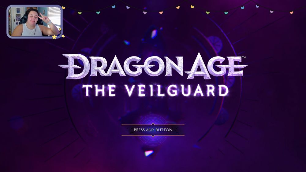 A screenshot of the Dragon Age: Veilguard pre-loading screen. In the top left corner is Jay holding up a peace sign. 