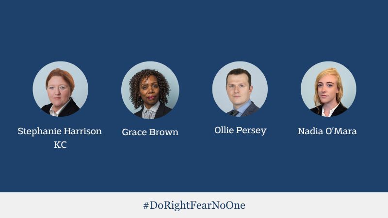 From left to right (pictured): Stephanie Harrison KC, Grace Brown, Ollie Persey & Nadia O’Mara.
Banner reads #DoRightFearNoOne.