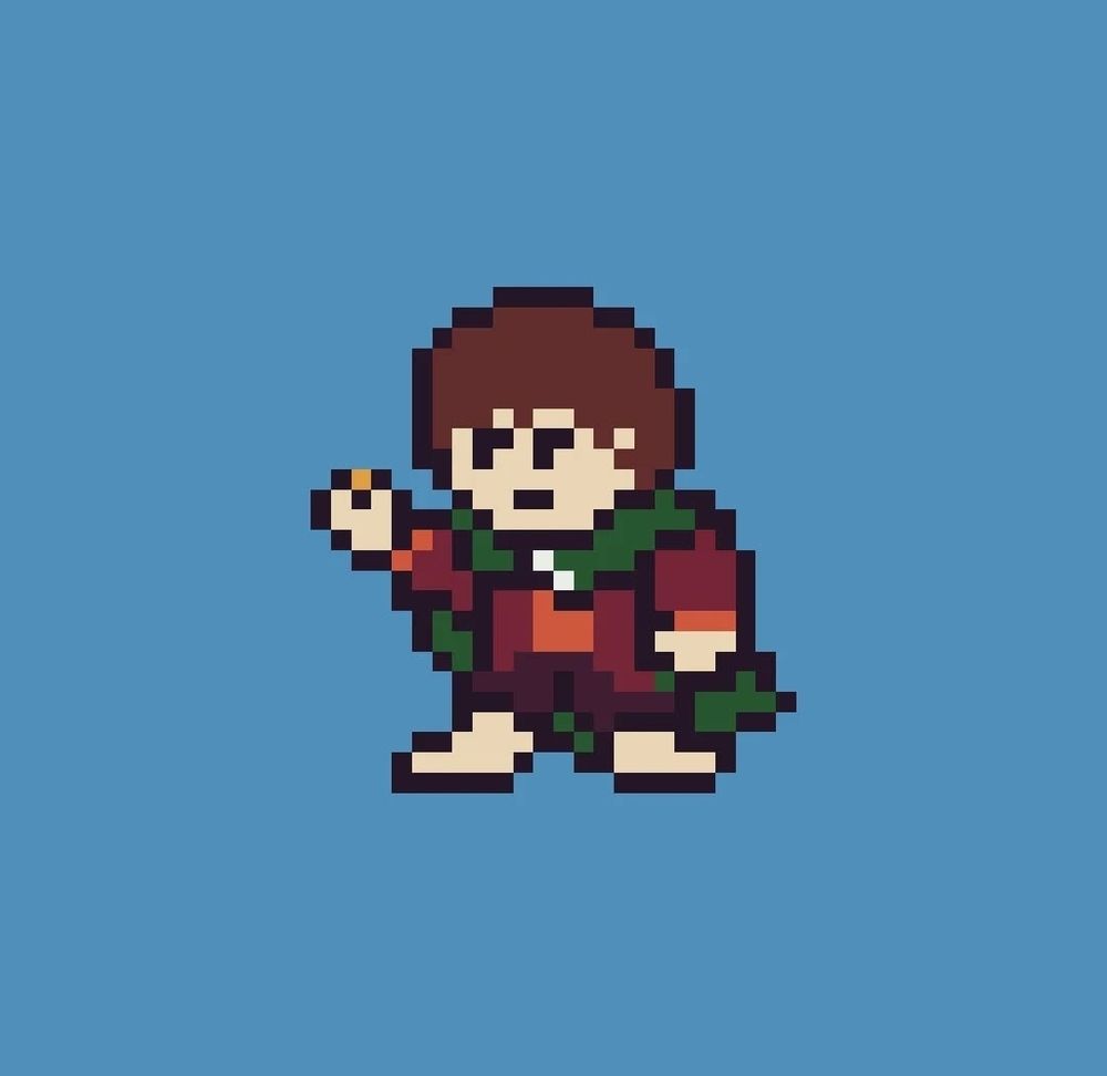 Pixel art illustration of Frodo from the Lord of the Rings,in his traveling cloak holding the One ring