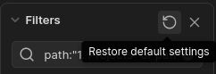 A screenshot from the tool obsidian. It shows the section in a graph view, that a user can use to filter the displayed notes in the graph. The menu shows an icon that is commonly used to indicate that users may refresh the displayed items. When the user hovers over that icon it reveals that the actual action behind this button is restoring the default settings.