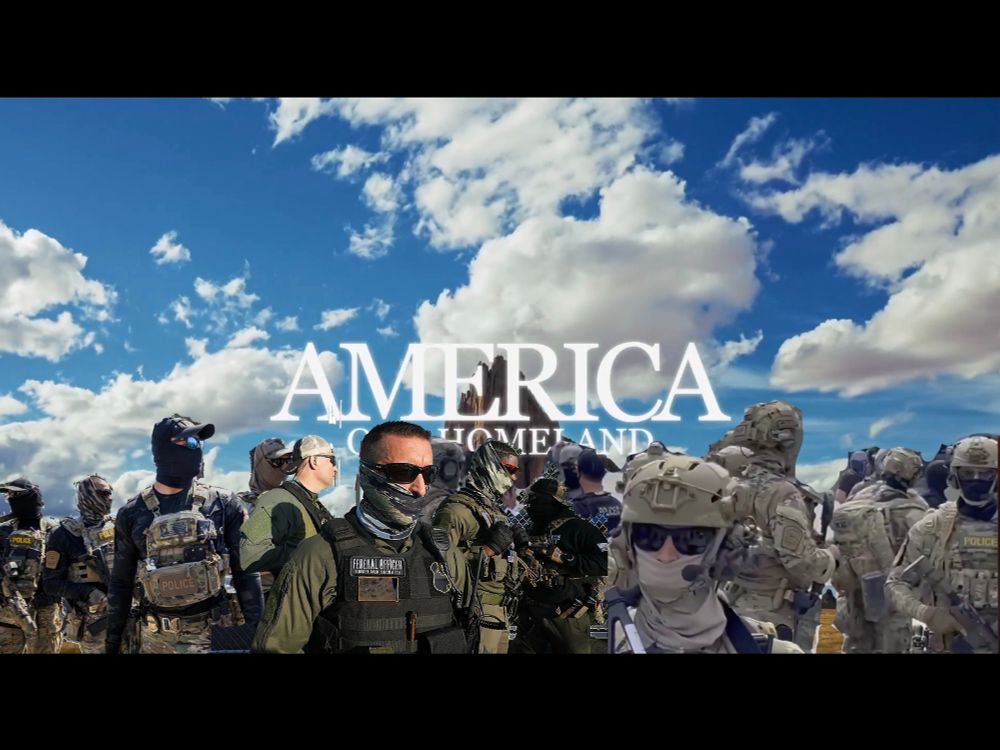 The same still, with about a dozen masked ICE agents superimposed on it, obliterating the foreground using my amazing photoshop skills.
