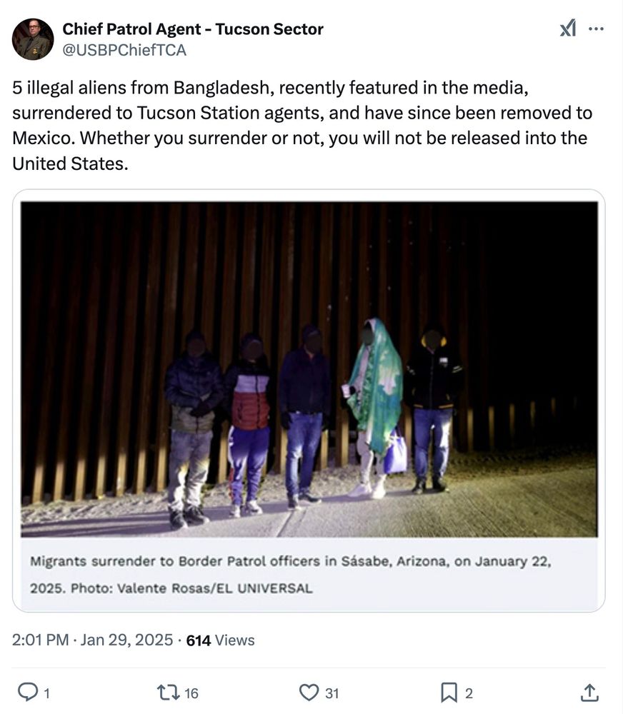Chief Patrol Agent - Tucson Sector @USBPChiefTCA on Twitter: 

5 illegal aliens from Bangladesh, recently featured in the media, surrendered to Tucson Station agents, and have since been removed to Mexico. Whether you surrender or not, you will not be released into the United States.
