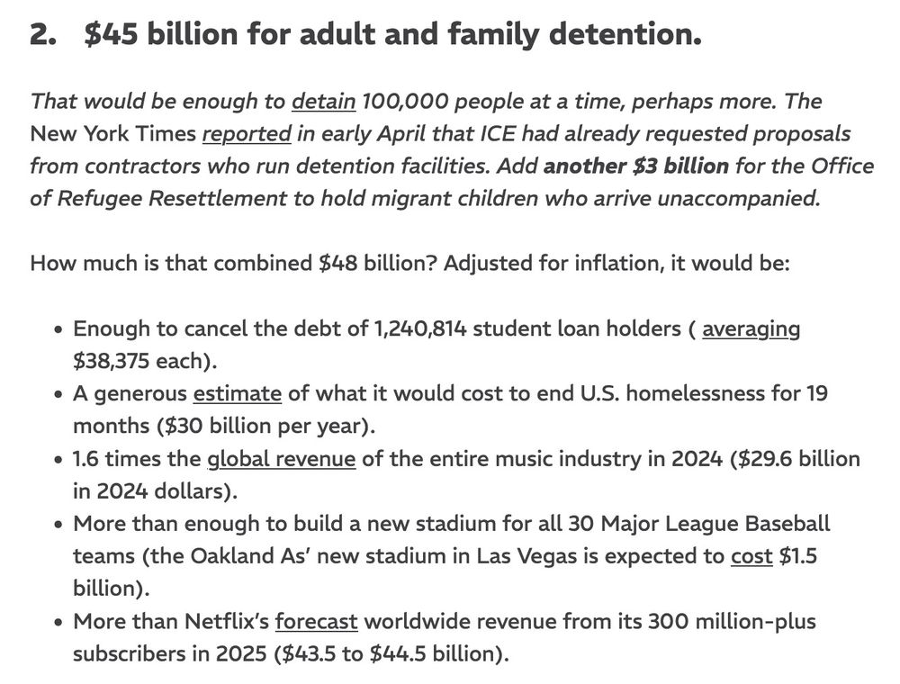 2.   $45 billion for adult and family detention.

That would be enough to detain 100,000 people at a time, perhaps more. The New York Times reported in early April that ICE had already requested proposals from contractors who run detention facilities. Add another $3 billion for the Office of Refugee Resettlement to hold migrant children who arrive unaccompanied.

How much is that combined $48 billion? Adjusted for inflation, it would be:

    Enough to cancel the debt of 1,240,814 student loan holders ( averaging $38,375 each).
    A generous estimate of what it would cost to end U.S. homelessness for 19 months ($30 billion per year).
    1.6 times the global revenue of the entire music industry in 2024 ($29.6 billion in 2024 dollars).
    More than enough to build a new stadium for all 30 Major League Baseball teams (the Oakland As’ new stadium in Las Vegas is expected to cost $1.5 billion).
    More than Netflix’s forecast worldwide revenue from its 300 million-plus subscribers in 2025 ($43.5 to $44.5 billion).

