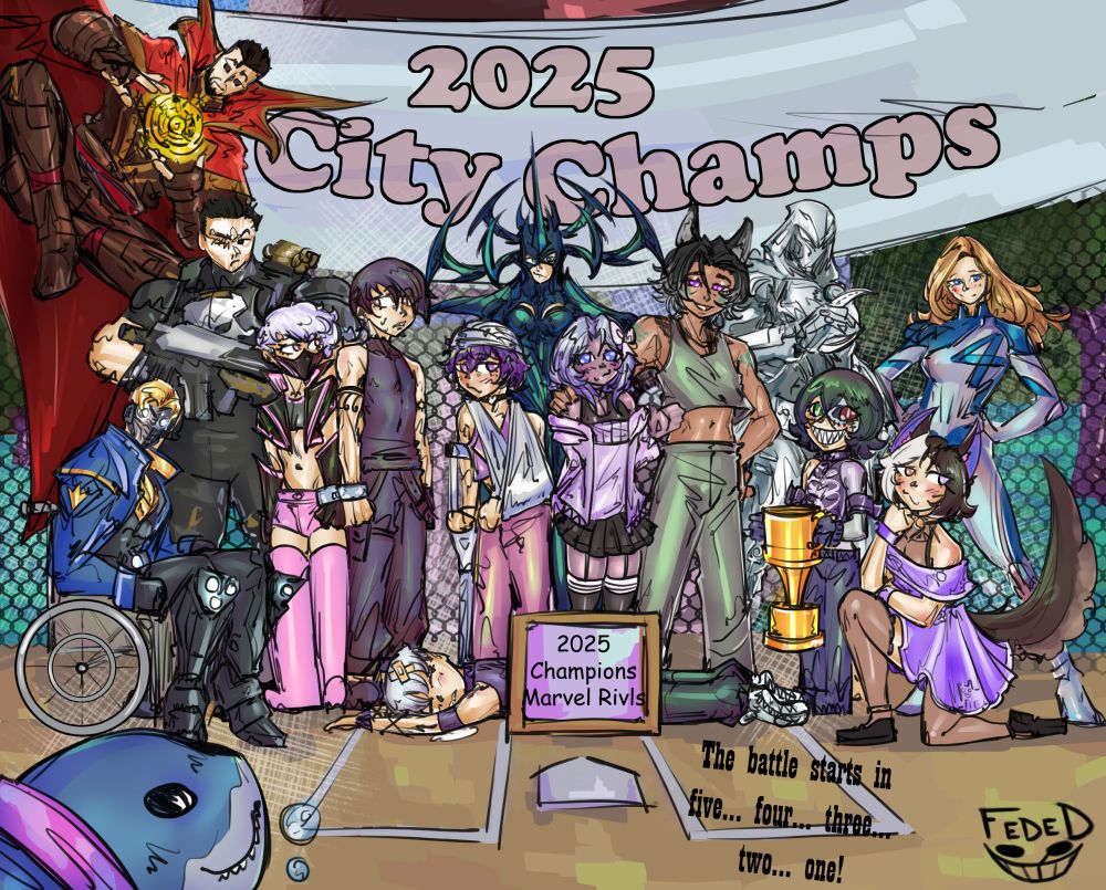 A group of vtuber's avatars stand with their chosen characters from Marvel Rivals, celebrating their "victory"