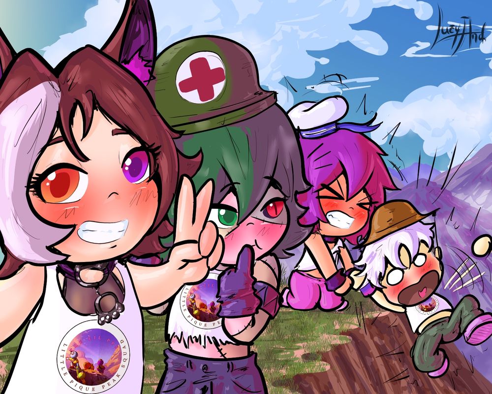 Chibi drawings of Jett, Ollie, Luzy, and Fede as characters from Peak
