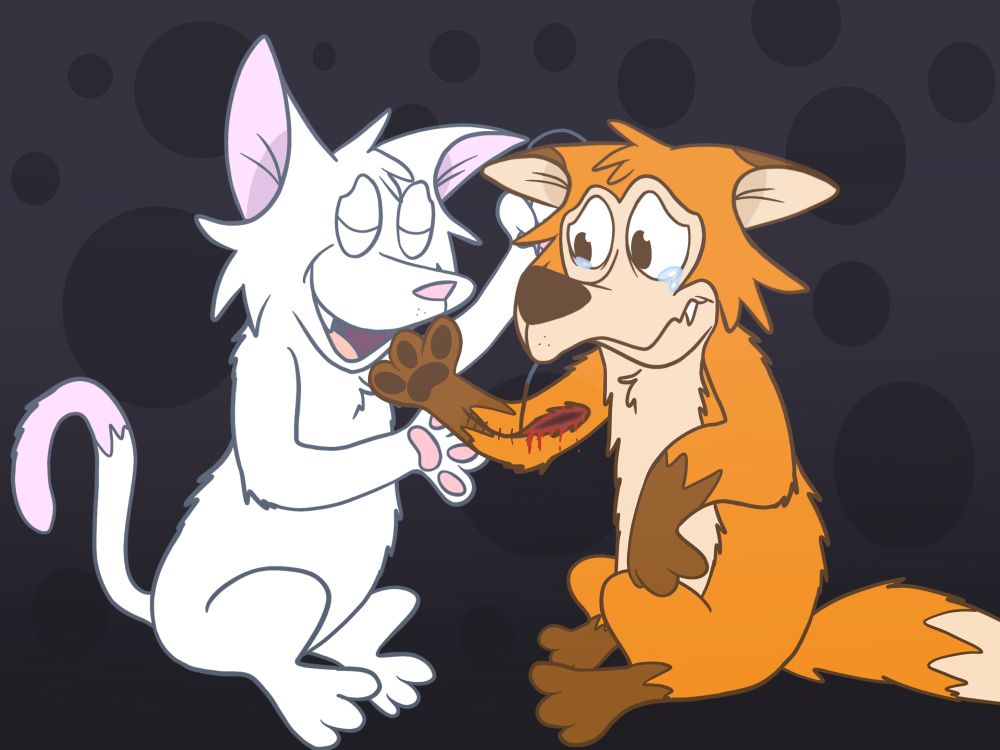 Edgar calmly stitching Ferdie, who is understandably wincing.