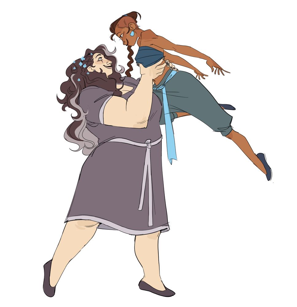 yasha nydoorin and beauregard lionett dancing together. yasha is lifting beau off the ground