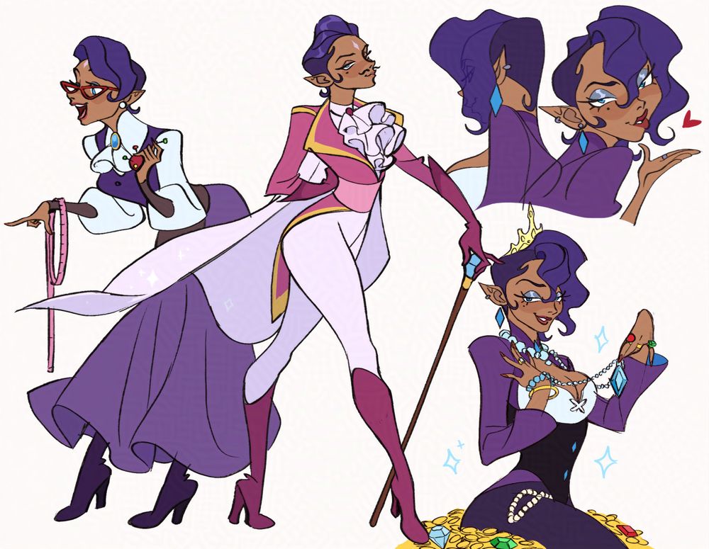 Rarity as dnd half elf in different poses and outfits. To the left are 2 full body drawings of her in her work outfit and grand galloping gala outfit.