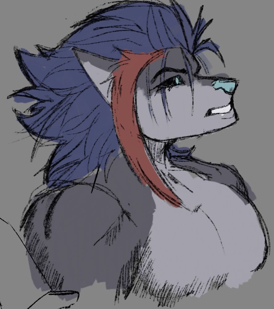 Sketch of Blare (she/he) as he looks up at some other individual