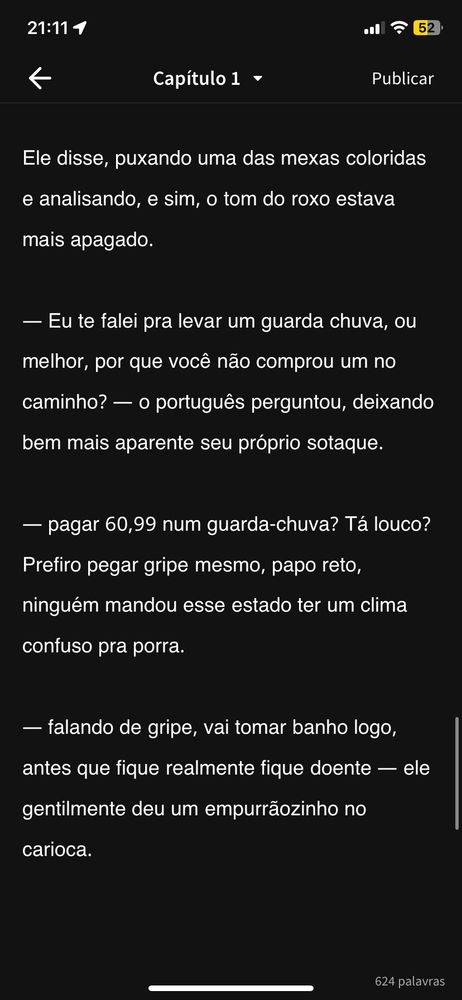 Trecho de fanfic aonde um personagem reclama do preço de um guarda chuva