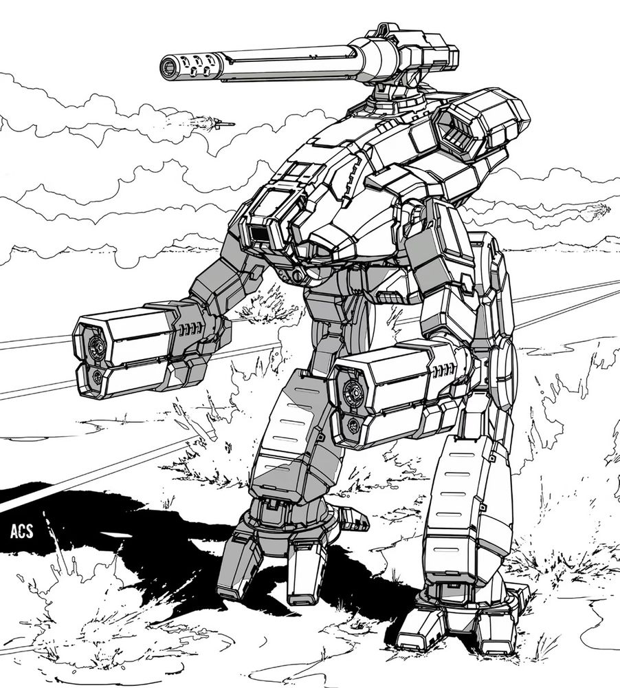 Black and white line drawing of a Marauder 75 Ton mech from the Battletech franchise