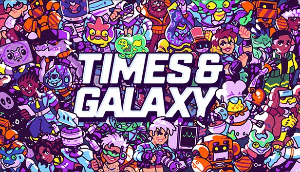 The logo for Times & Galaxy, surrounded by many of the characters from the game!