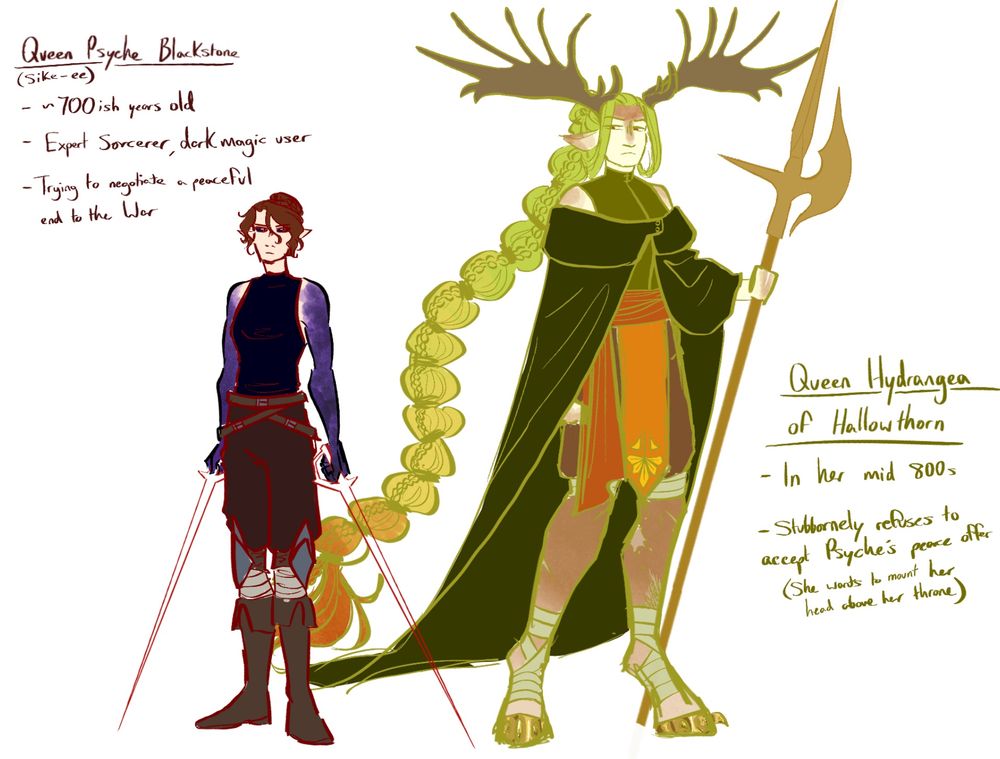 Cool sorceress queen, Psyche, and nature spirit queen, Hyacinth, mortal enemies (Hyacinth is so fuckin tall bro, like 8ft or something)