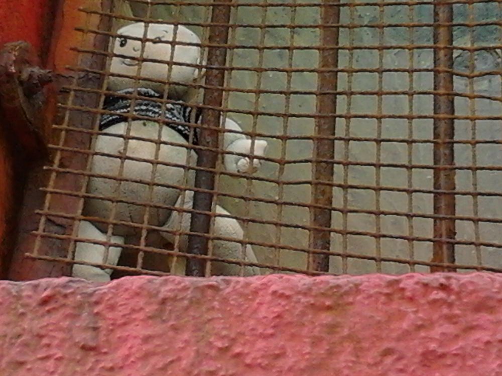 A weird looking doll behind a metal grid that is covering a window opening.