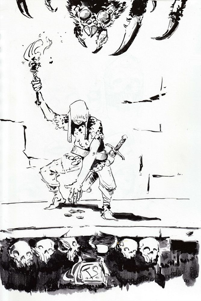 An adventurer Stoops down to pick up a couple of coins, but does not notice the huge spider above him.