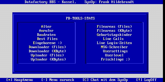 Datafactory BBS - Kassel, SysUp: Frank Hildebrandt B-TUULS-STATS Alter Fileareas (Files) Anrufer Fileareas (KByte) Baudraten seburtstagskinder Best Files Line Calls Lingeborene :) Line Login-zeiten Downloader (Files) 1SG-SChreiber Downloader (KByte) Usersettings Uploader (Files) Userlevel Uploader (KBytes) Frischlinge :) [*] Hauptmenu [-1 Menu zurueck [CI Chat mit dem Sys0p ['] LogOff
