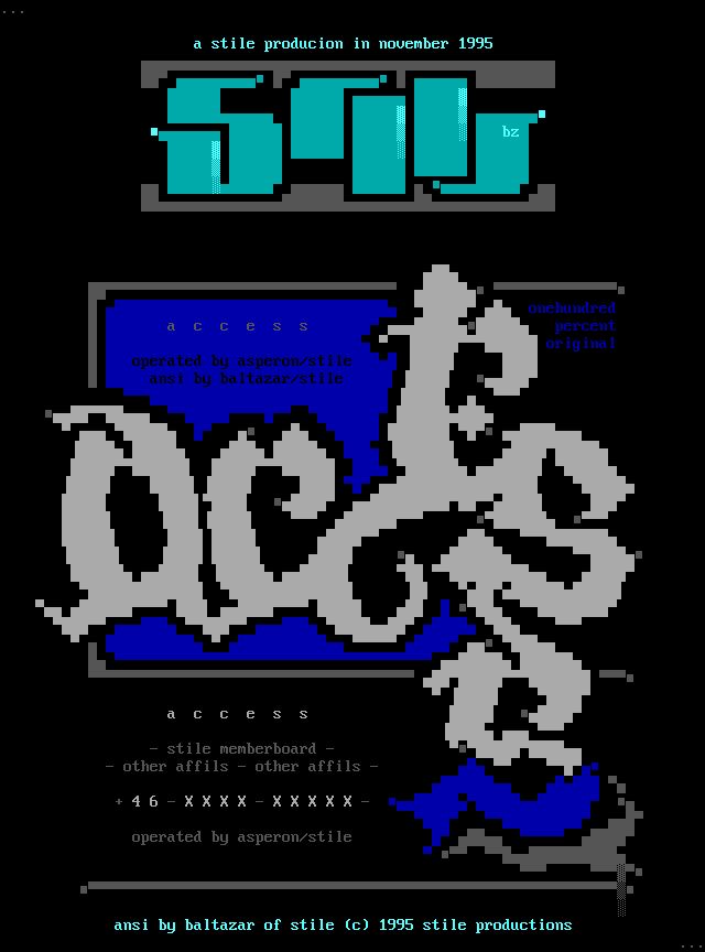 a stile producion in november 1995 bz onehundred dC C CS o percent original operated by asperon/stile ansi by baltazar/stile - - - - - - - - - at T I . - - - - - 6 - - - - - I - - - - - - - - - - - - aCe S S stile memberboard - other affils - other affils - 46-) XXXX - XXX XX operated by asperon/stile ansi by baltazar of stile (C) 1995 stile productions