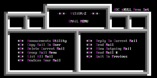 dOC SKULL Menu Set L = - L: VISION/2 LEL- EMAIL MENU TAD fimnoucements Utility ORD Reply TO Current Mail ICn Copy Mail To User ISu Send Mail IDE Delete Current Mail aUn View Outgoing Mail IGE Group Mail Menu Read Mail # DLE List All Mail DD Quit To Previous IND NewScan Your Mail