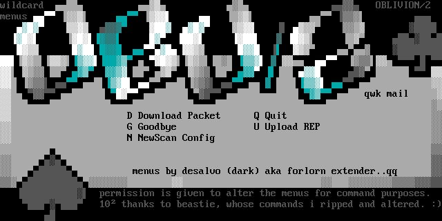 wildcard - - UBLIVIUN/L - - nenus - A - - - - - - - - - - - : - - % - d - - - - - - - - - - : : - - - d - - - - - - - - * % : quk mail D Download Packet * I Quit I - Goodbye I U Upload REP NI NewScan Config menus by desalvo (dark) aka forlorn extender..q9 permission is given to alter the menus for command purposes. 102 thanks to beastie, whose commands i ripped and altered. D
