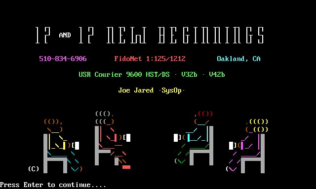 17 AND 17 IEIn BEFTILGS 510-834-690b FidoNet 1:125/1212 Dakland, CA USR Courier 9600 HST/DS - V32b - U42b Joe Jared Sysup: ((O. (O) (O), ( ((O) ( Nou JCL / A - - - J9 - - - - N - (C) Press Enter to continue....