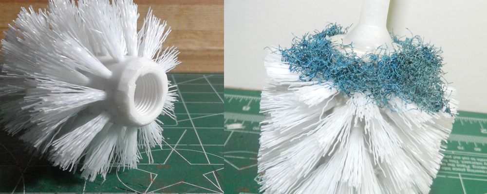 Whittle the bottom of the toilet brush head to break up the hard edge on the bottom of the head. then hot glue some pan scrubber to hide the ugly attachment.