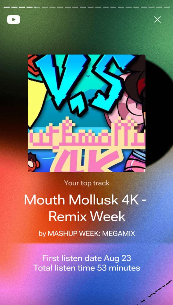 screenshot of my "youtube music recap" showing my top track was mouth mollusk 4k from mashup week